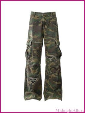 Ripped Camo Cargo Baggy Wide Leg Cotton Blend Streetwear Pants